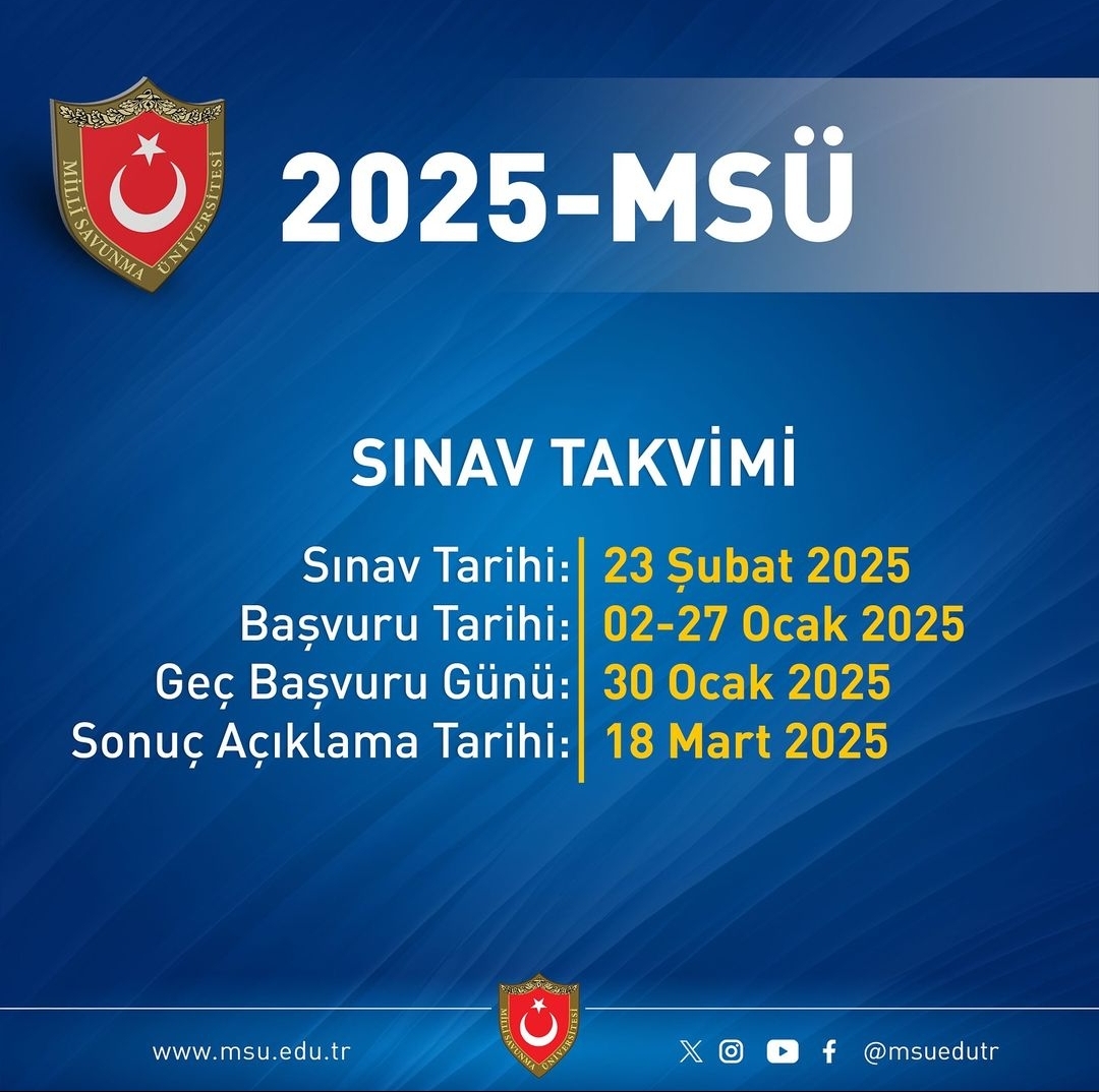  2025 yılı Milli Savunma Üniversitesi sınav takvimi açıklanmıştır.